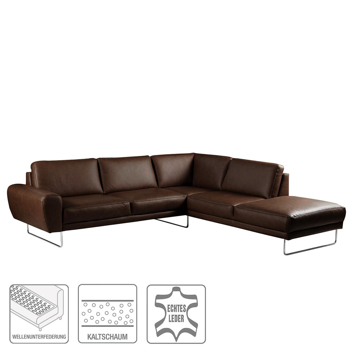 Ecksofa Spring Dunkelbraun Chrom S: 273x250cm - Chromfarben/Dunkelbraun, Design, Leder (273/250cm) - Livetastic