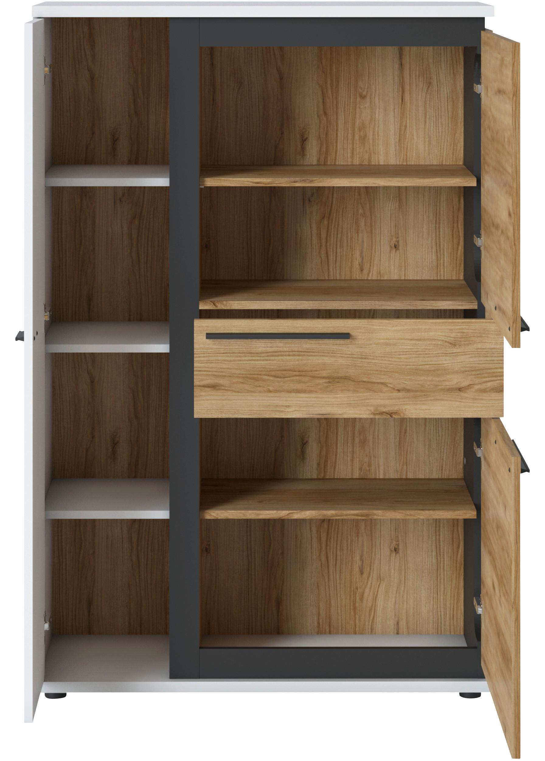 Kommode Salinas B: 93 cm Alpinweiß/Eichefarben/Schwarz - Eichefarben/Schwarz, Trend, Holzwerkstoff (93/139,8/37cm)