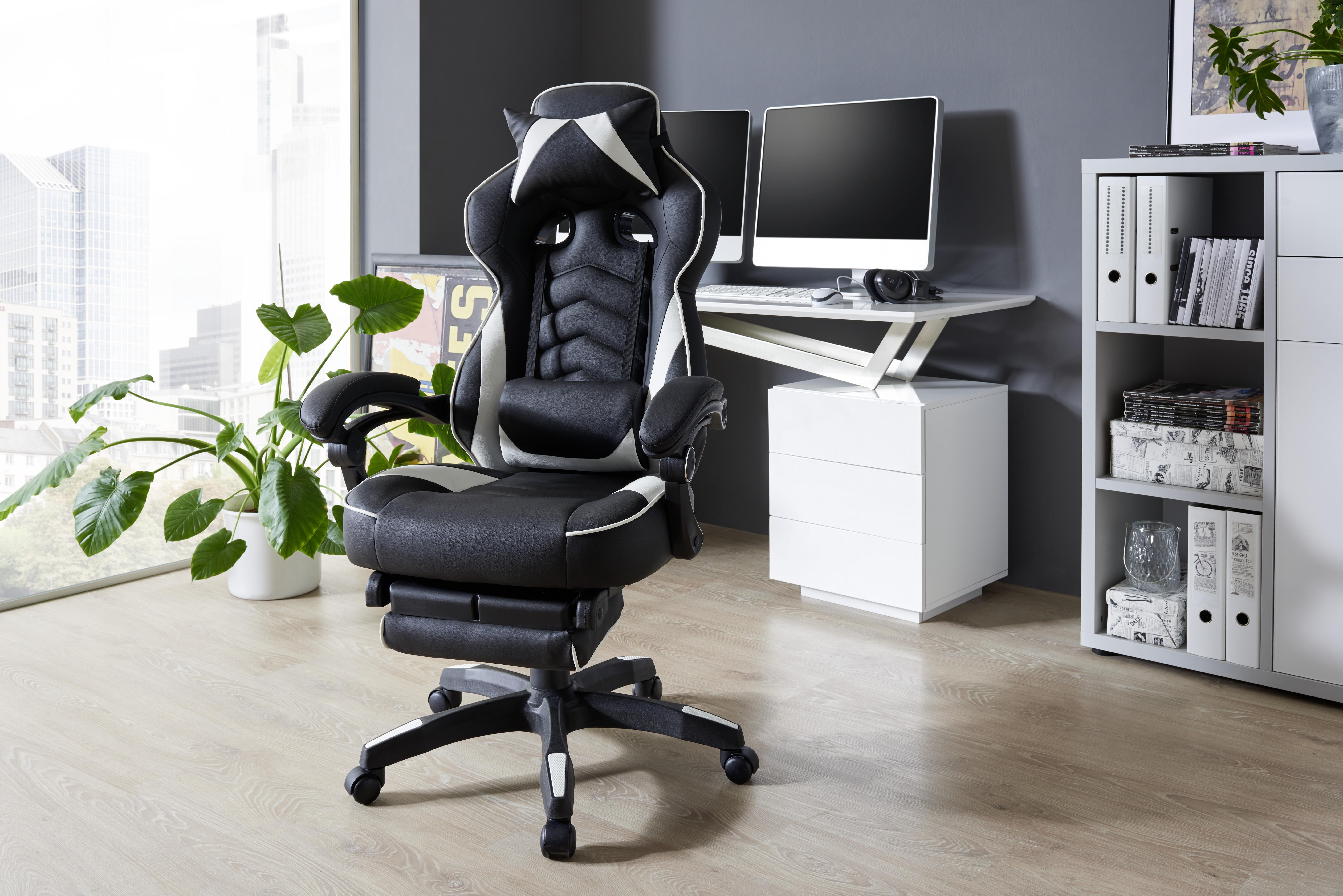 Gaming Stuhl Yaira Mit Ausziehbarer Fußstütze - Schwarz/Weiß, Design, Kunststoff/Textil (68,5/116-124/60,5cm) - Livetastic