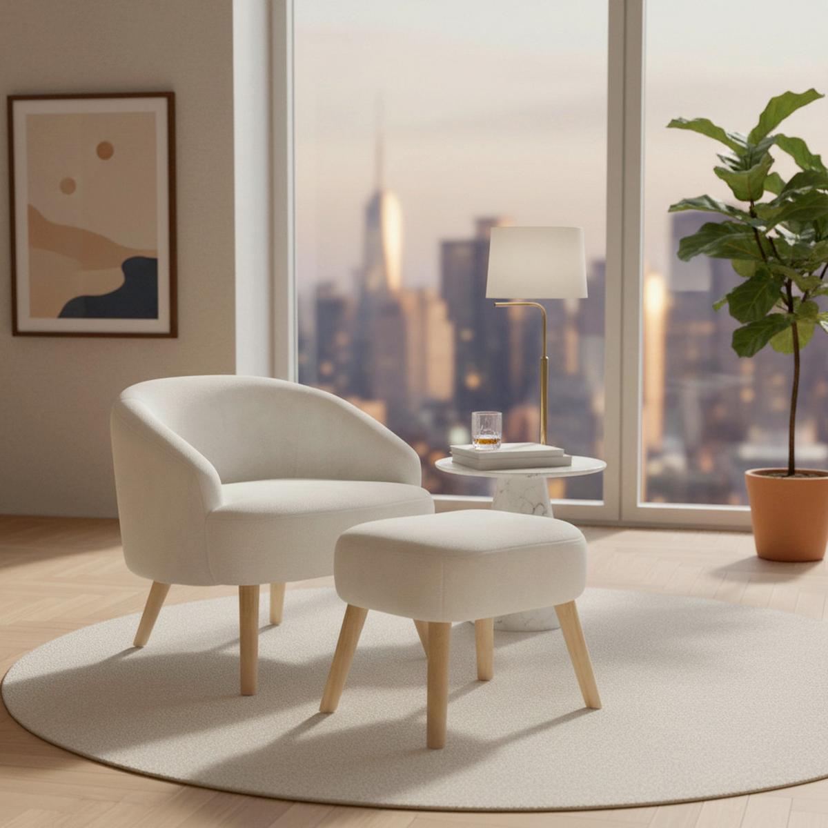 Relaxační křeslo SONJA, bílá žinylka, max.140 kg - bílá/přírodní barvy, Moderní, dřevo/textil (71/66/70cm) - Bessagi Home