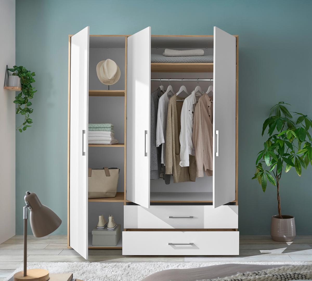 Kleiderschrank 3trg Lembo San Remo/weiß B: 155 Cm - Weiß/Eiche Artisan, Basics, Holzwerkstoff (155/195/60cm)