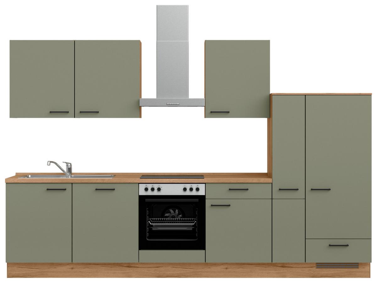 Kuchyňská linka 330 cm, olivově zelená - barvy dubu/černá, Moderní, kov/kompozitní dřevo (330cm) - Nobilia