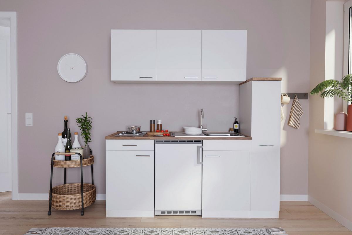 Küchenzeile Economy mit Geräten 180 cm Weiß/Nussbaum Dekor - Nussbaumfarben/Weiß, Basics, Holzwerkstoff (180cm) - Respekta