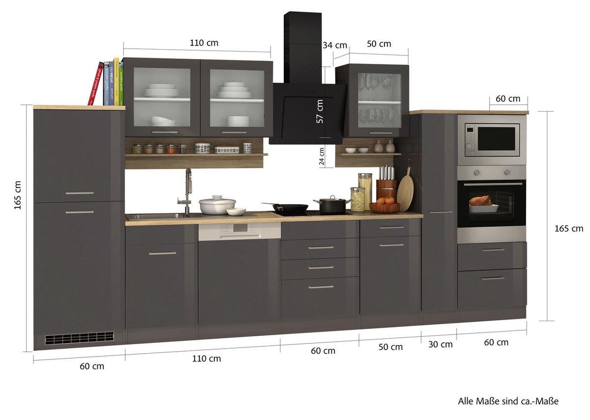 Küchenblock Mailand Graphitfarben B: 370cm - Graphitfarben/Sonoma Eiche, MODERN, Glas/Holzwerkstoff (370cm) - Held