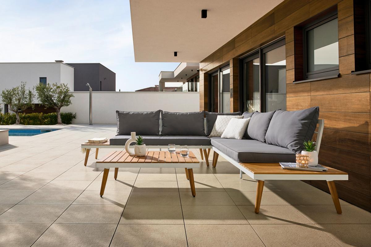 Loungegarnitur 3 Tlg. Madeira Aus Stahl/holz Mit Kissen - Dunkelgrau/Weiß, MODERN, Holz/Textil (90/30/70cm) - Beldano