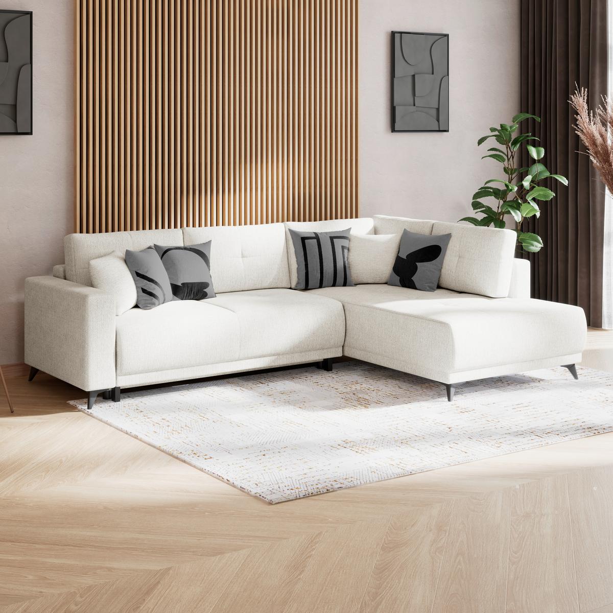 Ecksofa mit Schlaffunktion & Bettkasten Texas Creme - Creme/Schwarz, KONVENTIONELL, Holz (259/203cm)