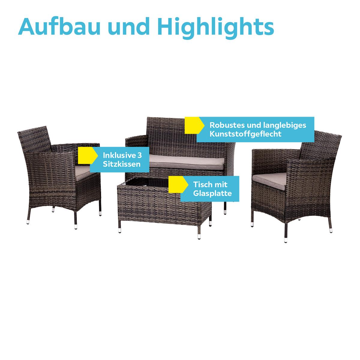 Loungegarnitur 4-tlg Valencia Kunststoff/glas Mit Kissen - Dunkelbraun/Creme, MODERN, Glas/Kunststoff - Ondega