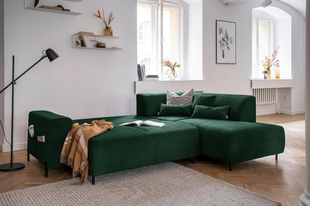 Ecksofa Cuddly Mia Flaschengrün S: 250x192 cm - Dunkelgrün/Schwarz, Textil (250/192cm) - MID.YOU