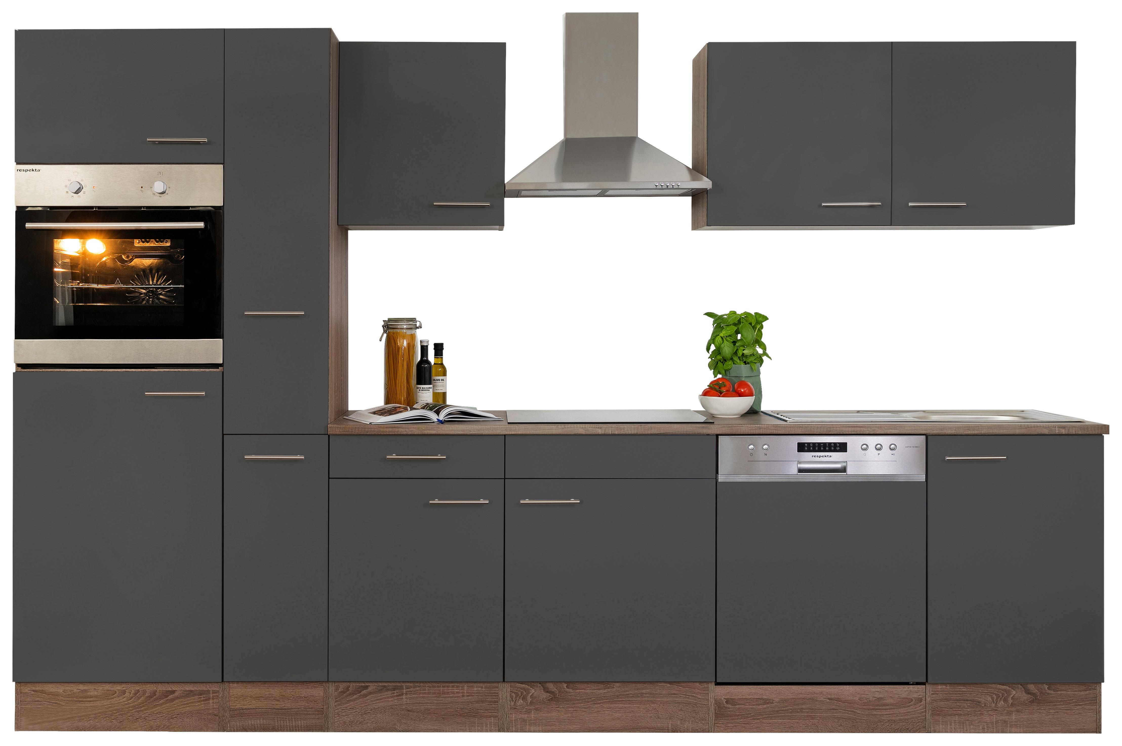 Küchenzeile mit Geräten B: 310 cm Grau/Eiche Dekor - Eichefarben/Grau, Design, Holzwerkstoff (310/205/60cm) - Respekta