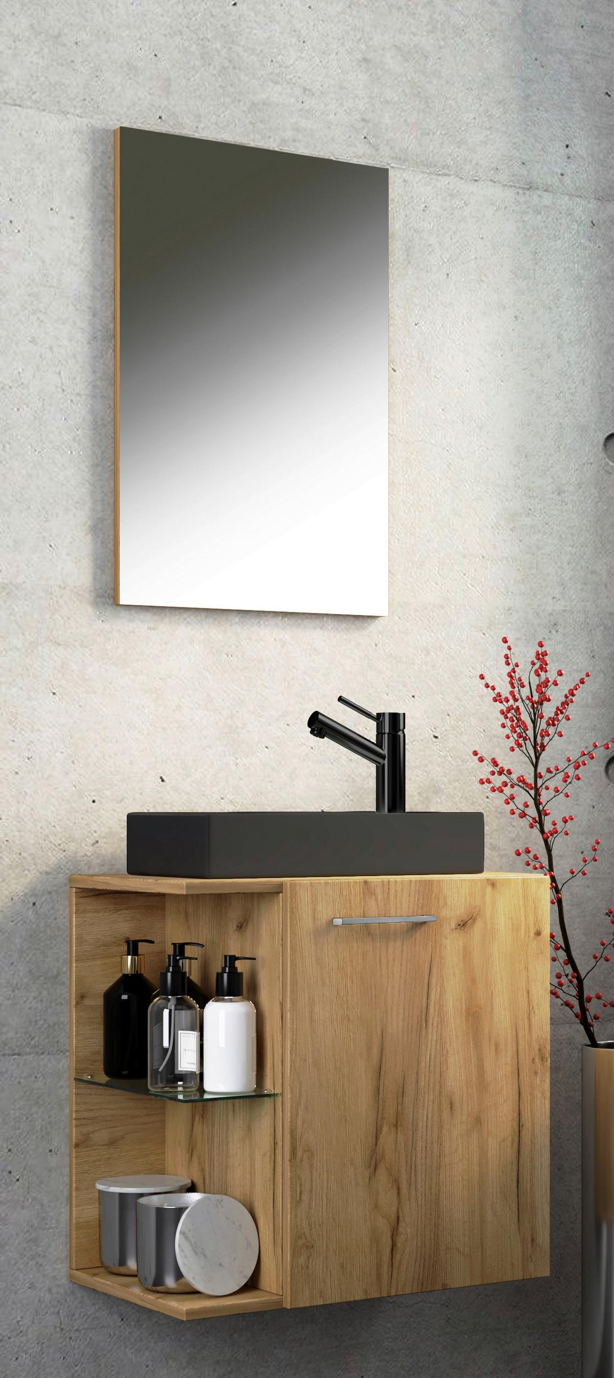 Gästebad Hausa Bl - Honigeiche/Schwarz, MODERN, Glas/Keramik (52cm) - MID.YOU