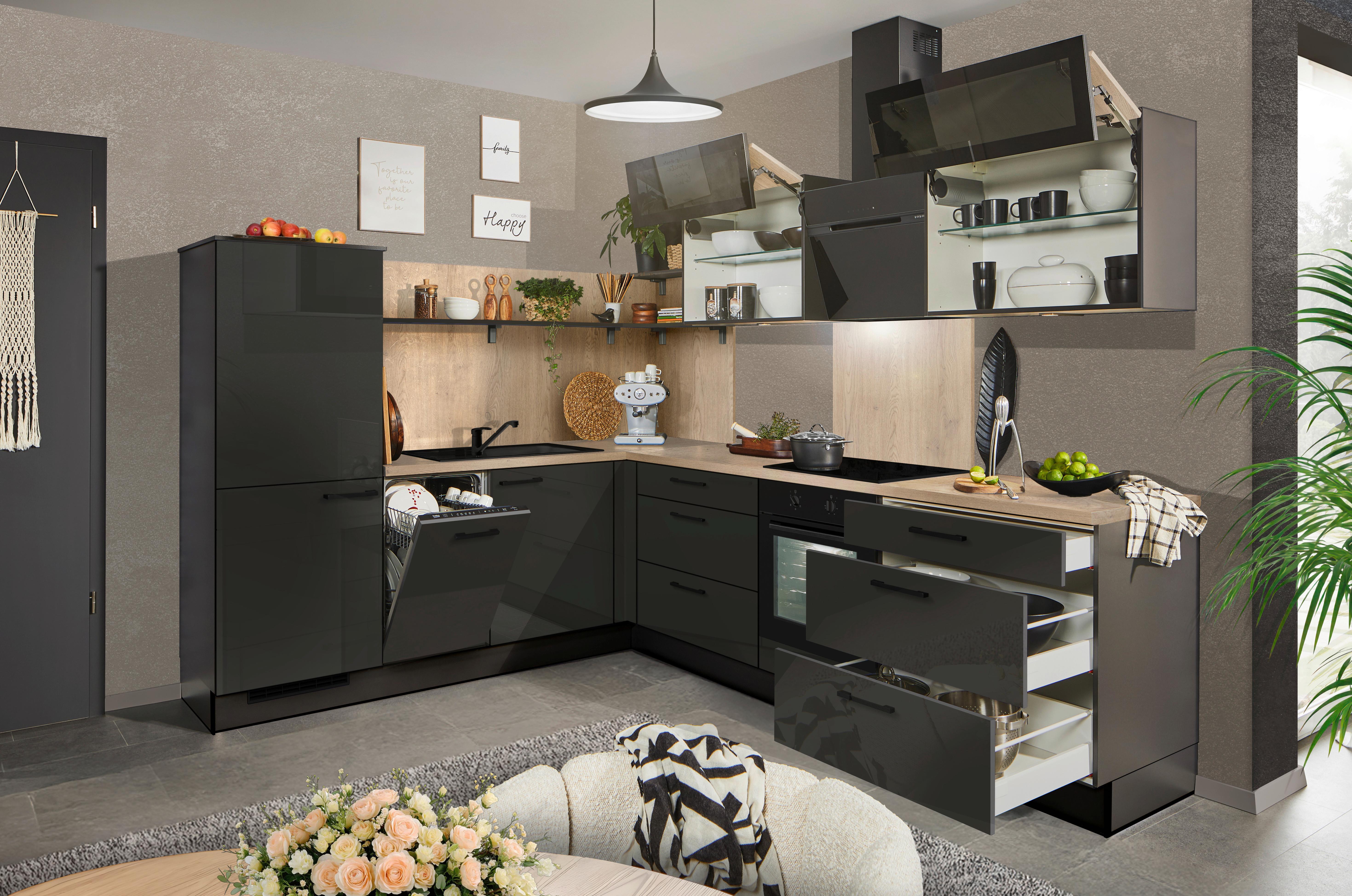 Eckküche Pn215/Pn100 - Grau Hochglanz/Eichefarben, MODERN, Holzwerkstoff (230/285cm) - Pino