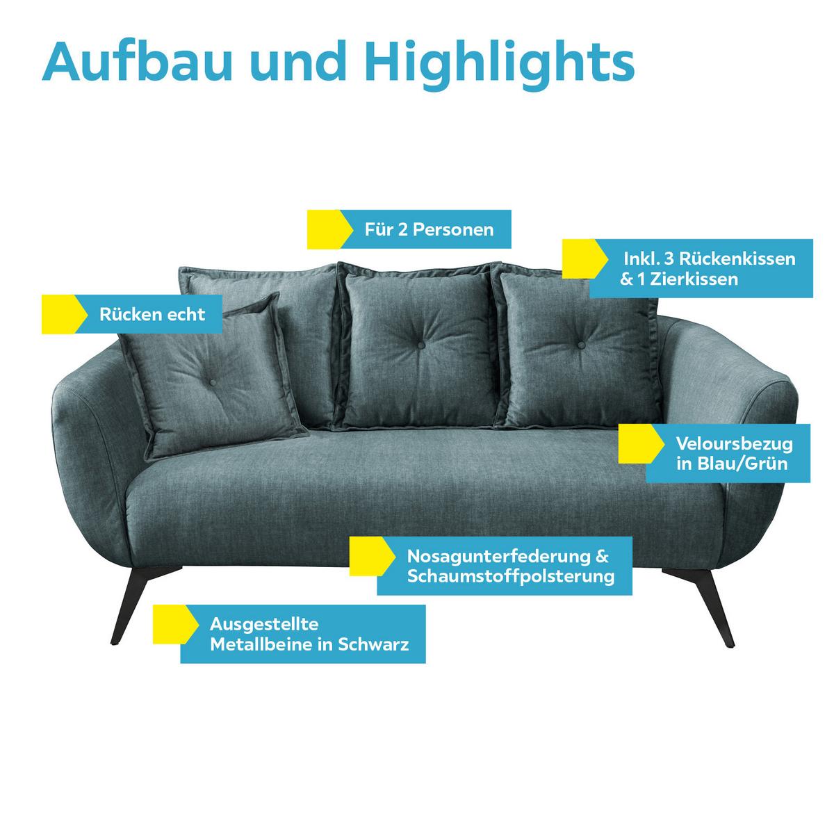 2,5-sitzer-sofa Baggio Mit Kissen Koralle - Blau/Schwarz, MODERN, Holz/Textil (196/94/103cm) - Livetastic