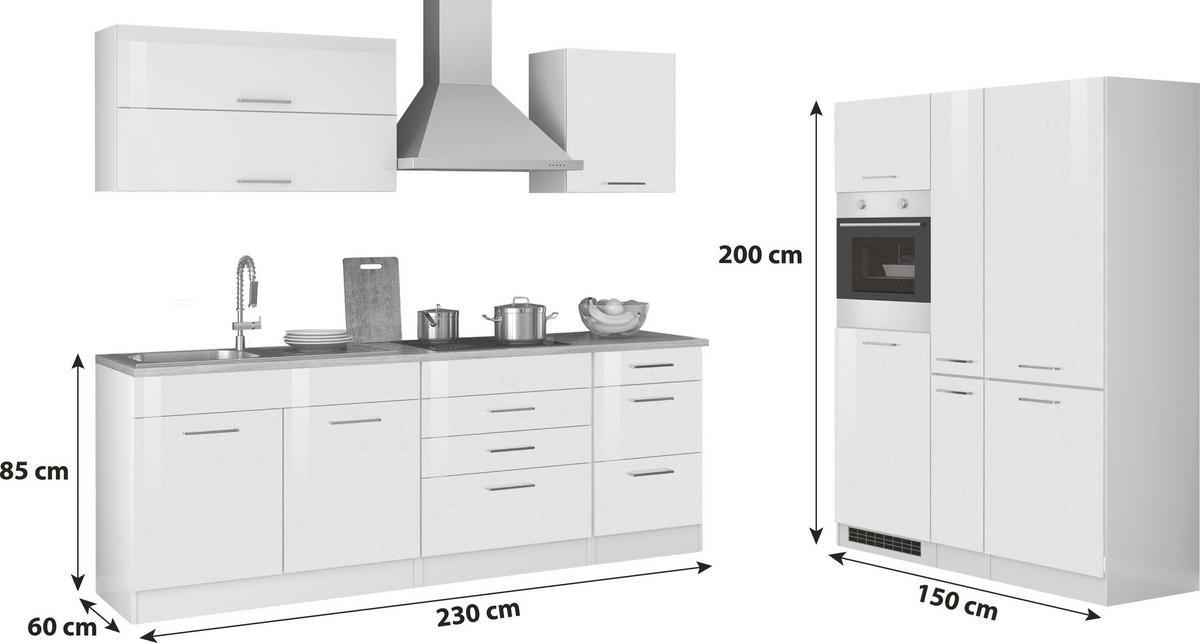 Zweizeilige Küche Mailand 380 cm mit Geräten Weiß - Weiß Hochglanz/Eichefarben, MODERN, Holzwerkstoff (230-150cm) - Held
