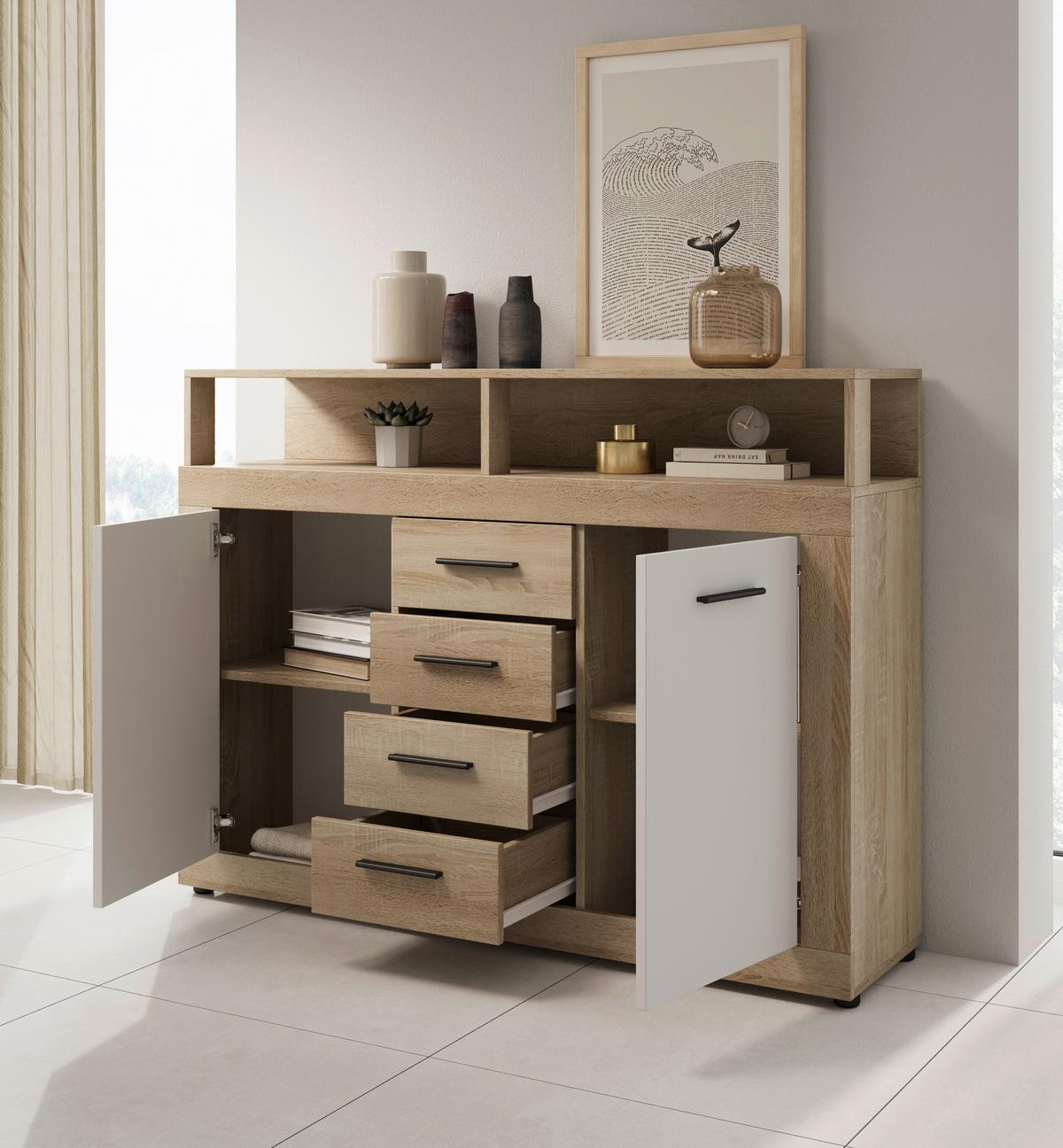 Kommode Lupo Eiche Dekor Weiß B: 119 Cm - Weiß/Sonoma Eiche, Design, Holzwerkstoff (119/96/32cm) - MID.YOU
