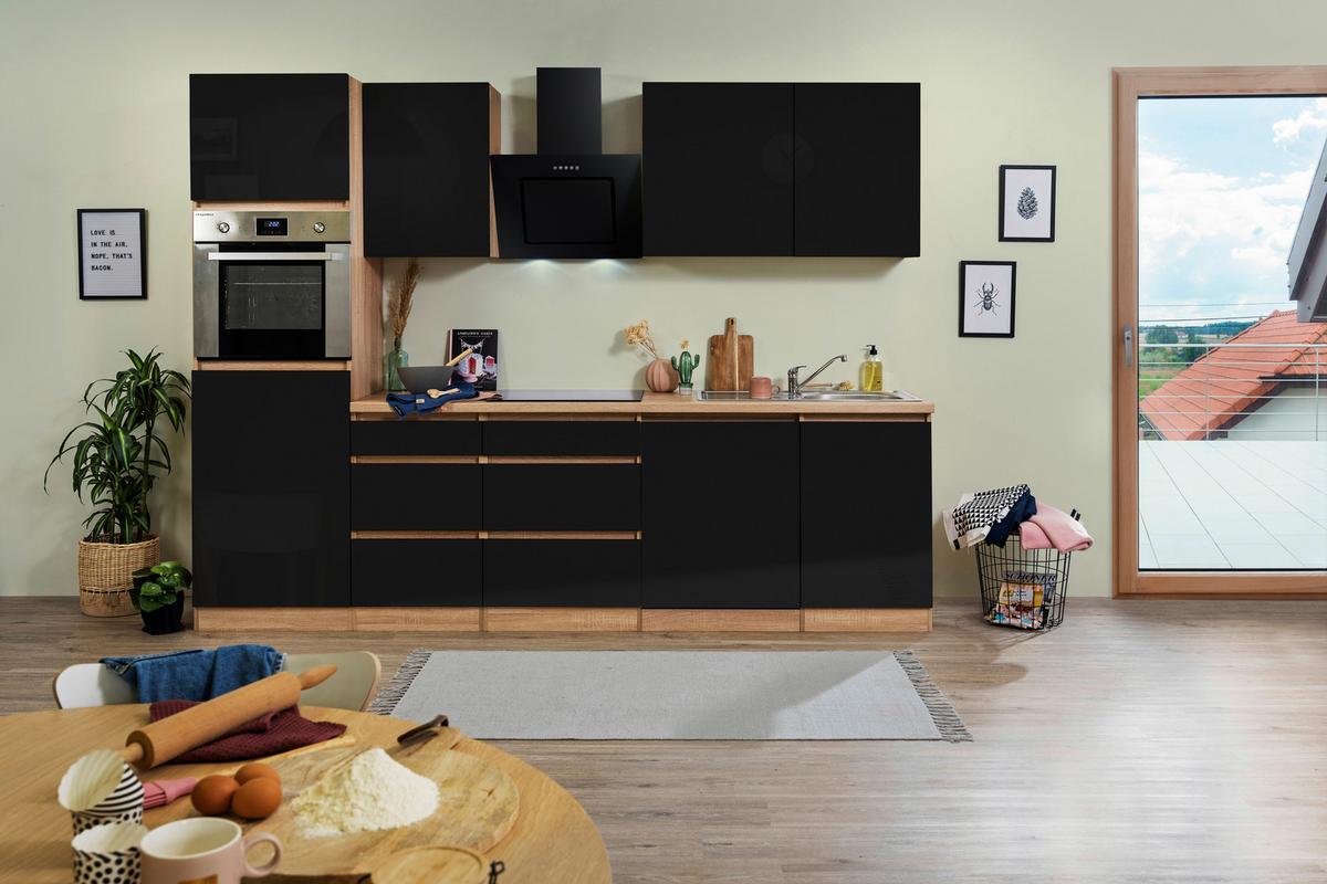 Küchenzeile Premium mit Geräten 280 cm Schwarz/Eiche Dekor - Eichefarben/Schwarz, MODERN, Holzwerkstoff (280cm) - Respekta