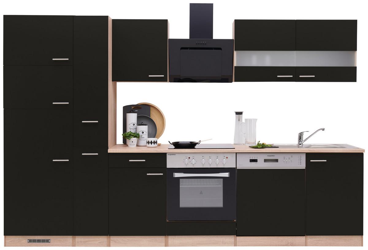 Küchenzeile Economy mit Geräten 310 cm Schwarz/Eiche Dekor - Eichefarben/Schwarz, Basics, Holzwerkstoff (310cm) - Respekta
