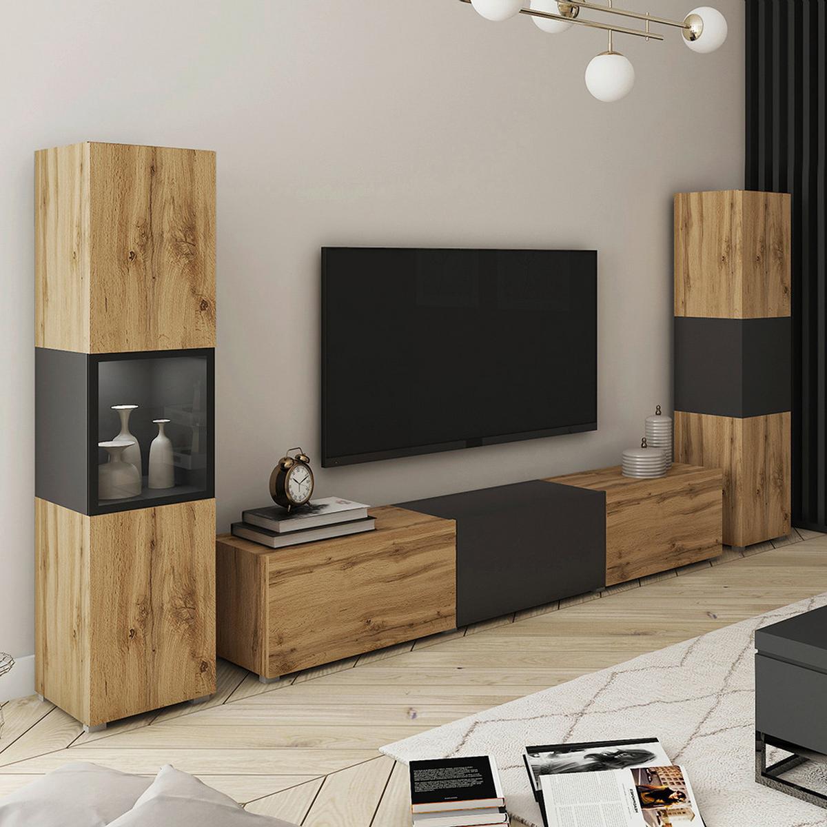 Wohnwand Berlin IIi Eiche Wotan/Schwarz B: 240 cm - Eiche Wotan/Schwarz, Design, Glas/Holzwerkstoff (240/130/31cm) - P & B