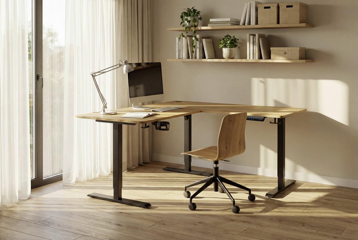 Eckschreibtisch Nimi Schwarz/Eiche L: 160cm - Plankeneiche/Schwarz, MODERN, Holzwerkstoff/Kunststoff (160/140/72-117cm) - Livetastic