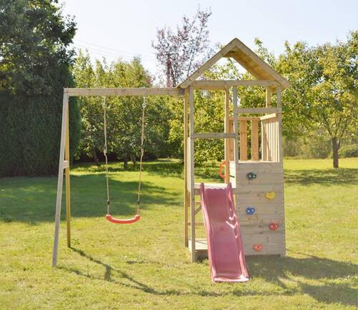 Spielturm Panda Naturfarben/rot, B: 270 Cm - Rot/Naturfarben, KONVENTIONELL, Holz (270/270/290cm)