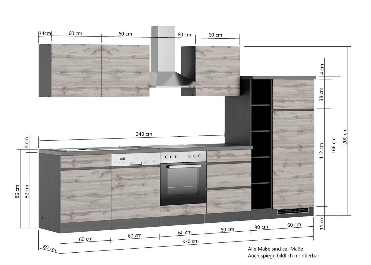 Küchenzeile Turin mit Geräte B: 330 cm Graphit/Eiche Dekor - Eiche Wotan/Graphitfarben, Design, Holzwerkstoff (330cm) - Held