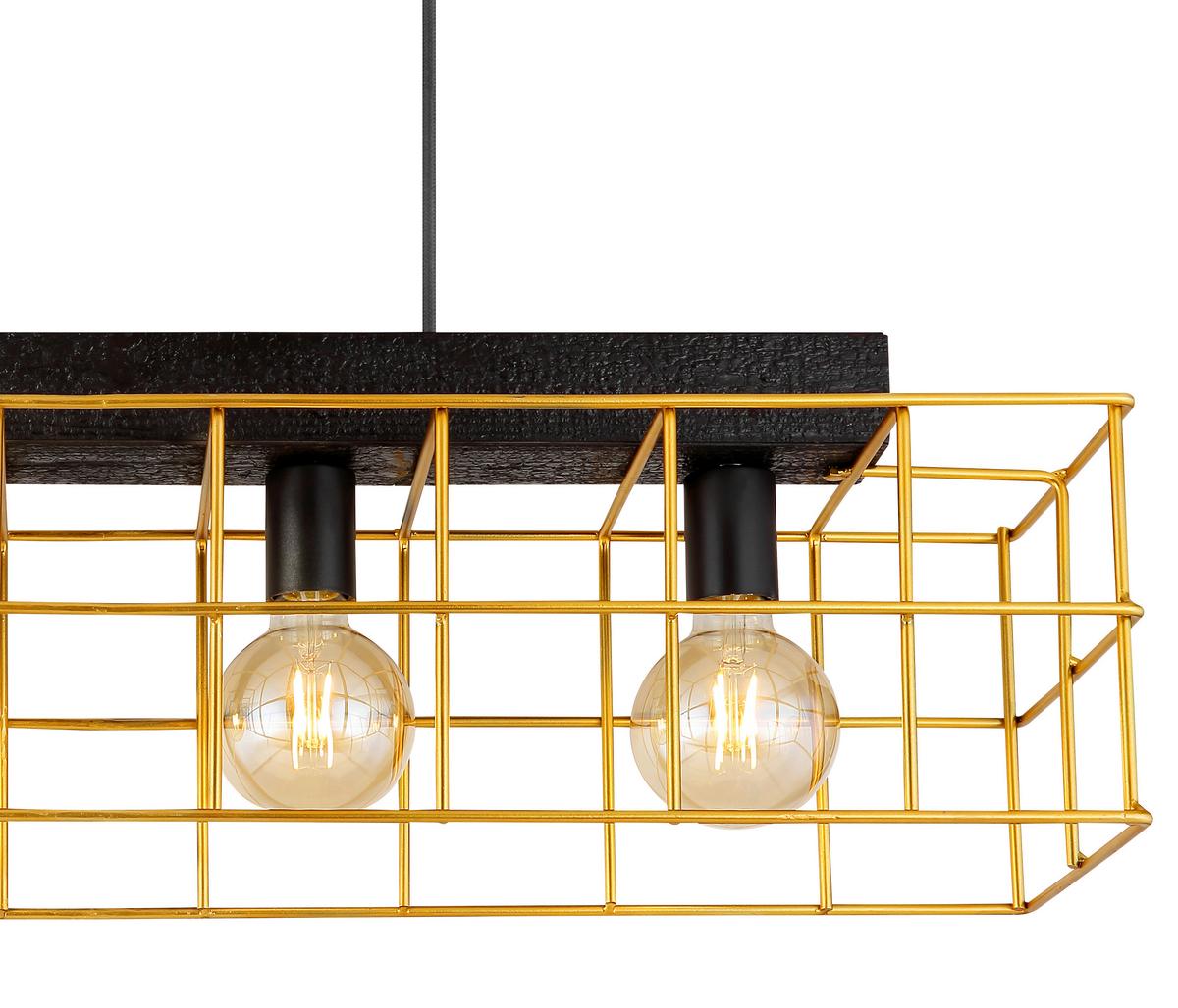 Hängeleuchte H: 150 cm 4-Flammig - Goldfarben/Schwarz, Design, Holz/Metall (90/20/150cm) - Globo
