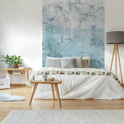 Fototapete Japanische Vögel - Blau/Weiß, Basics, Papier/Kunststoff (186/280cm)