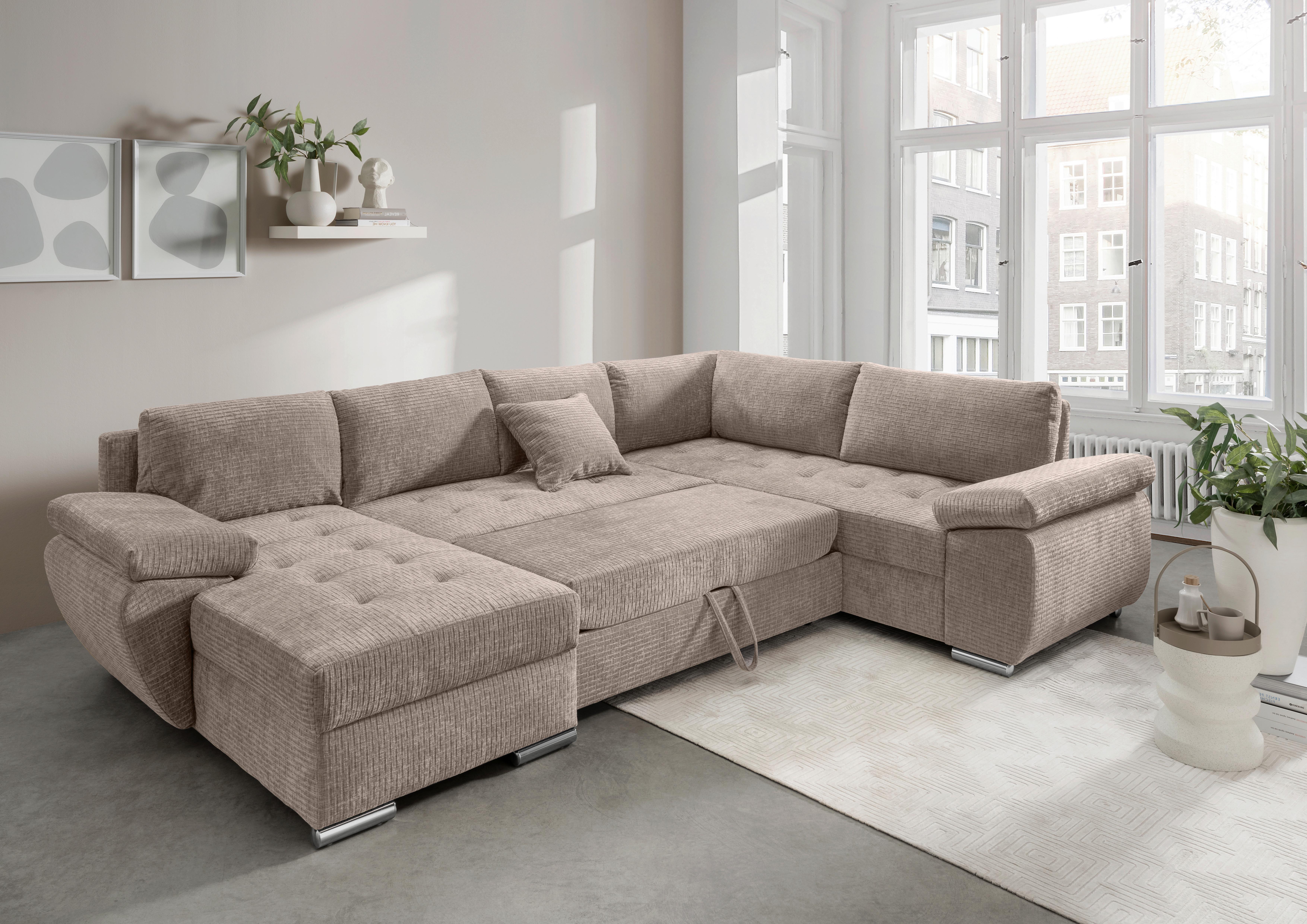 Wohnlandschaft Terana Beige mit Schlaffunktion, Mikrofaser - Chromfarben/Beige, KONVENTIONELL, Textil (157/305/219cm) - Livetastic