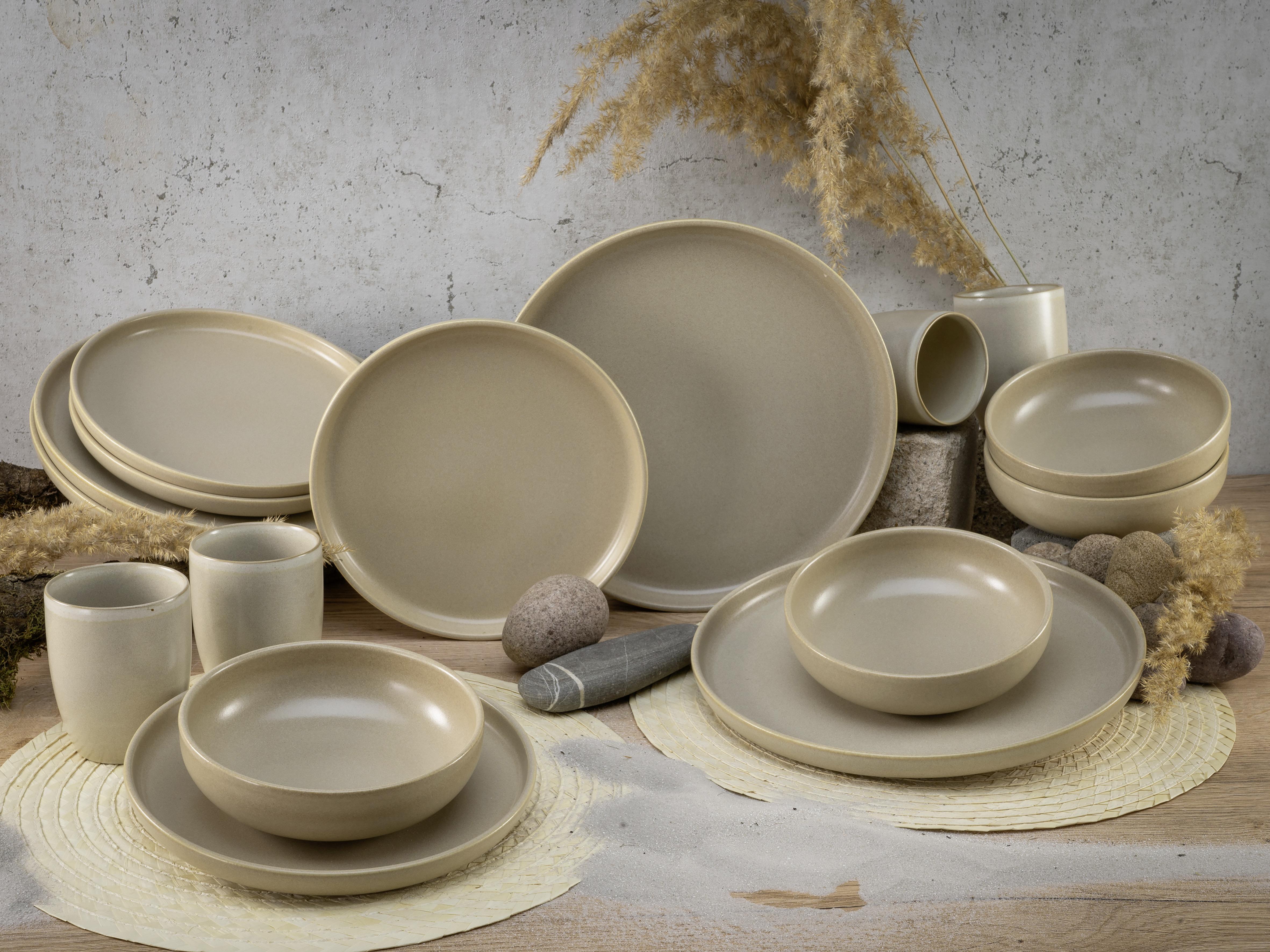 Keramik: Steinzeug • Sandfarben • mikrowellengeeignet • 16-teilig, für: 4Personen • spülmaschinengeeignet