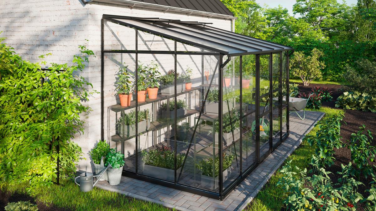 Anlehn-gewächshausbausatz Ida 6500 Esg/hkp, Schwarz - Schwarz, Basics, Glas/Kunststoff (324,3/220,8/201,4cm)