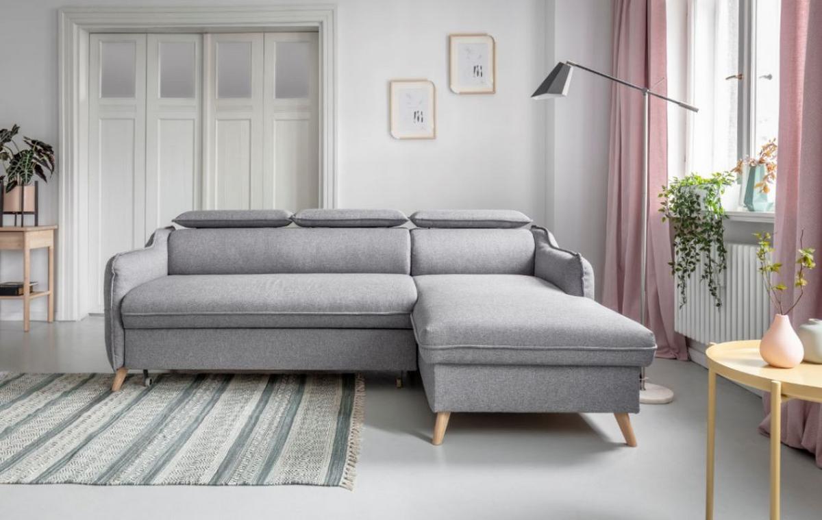 Rozkládací sedačka Simone, pravé provedení - světle šedá/přírodní barvy, Moderní, dřevo/textil (228/82/95/162cm)