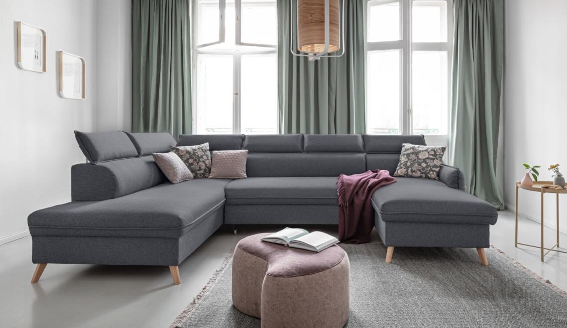 Rozkladacia sedačka Simone, ľavé prevedenie - prírodná farba/tmavosivá, Modern, drevo/textil (321/82/95/208cm)