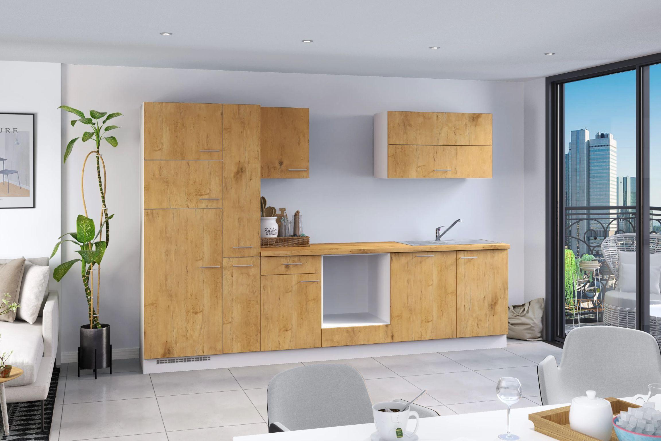 Küchenzeile Ip1200 Ohne Geräte 310 Cm Eiche Dekor - Eichefarben/Weiß, Basics, Holzwerkstoff (310cm)