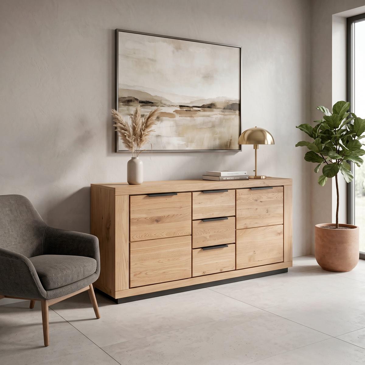 Sideboard Greno T02 Wildeiche 2 Türen 3 Laden - Wildeiche/Schwarz, ROMANTIK / LANDHAUS, Holz/Holzwerkstoff (163/80/40cm)