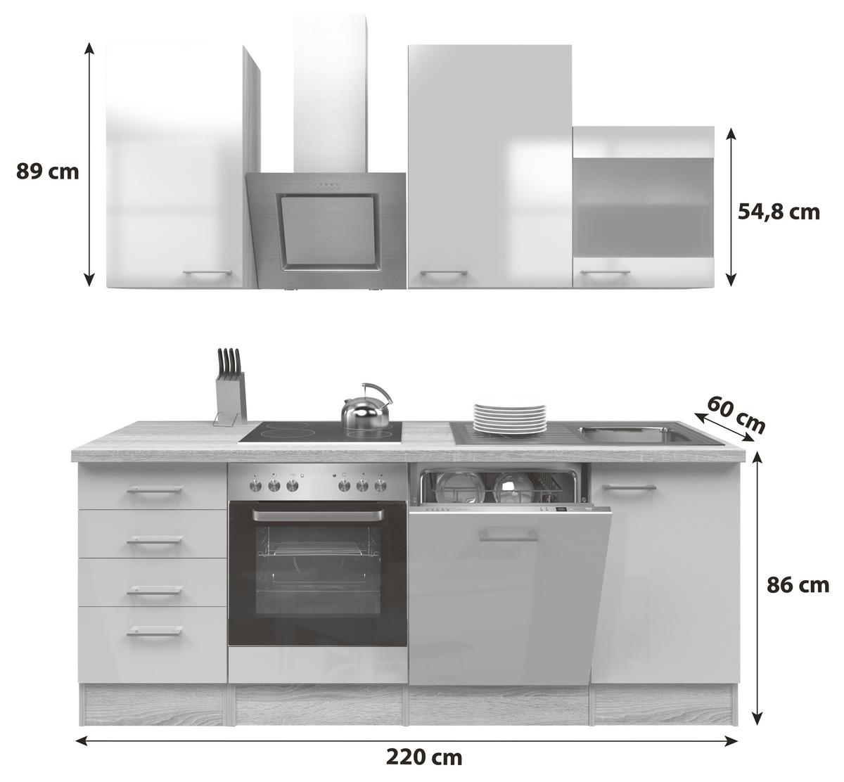 Küchenzeile Nepal Mit Geräten 220 Cm Kaschmir/eiche Dekor - Kaschmir/Sonoma Eiche, MODERN, Glas/Holzwerkstoff (220cm) - FlexWell