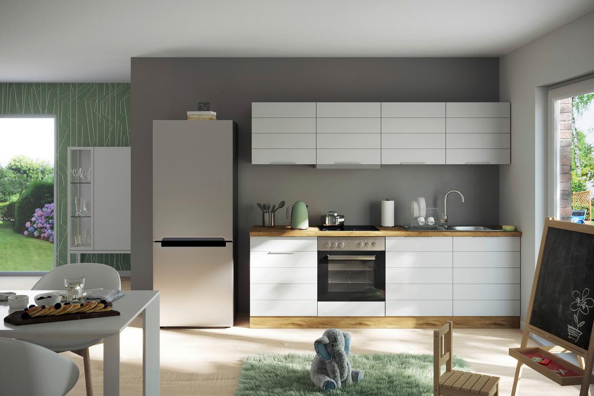 Küchenzeile Florenz mit Geräte B: 240 cm Weiß/Eichefarben - Eiche Wotan/Weiß, Design, Holzwerkstoff (240cm) - Held