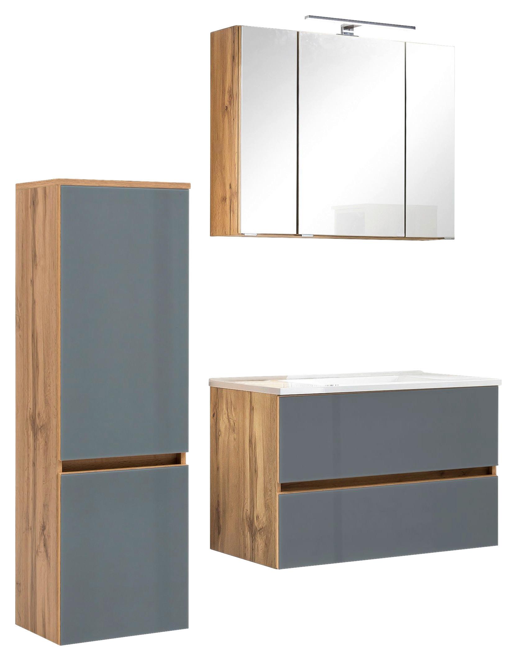 Badmöbel-Set 4-Tlg. inkl. LED Helsinki, Grau/Eiche - Eichefarben/Weiß, KONVENTIONELL, Glas/Holzwerkstoff (120cm) - Held