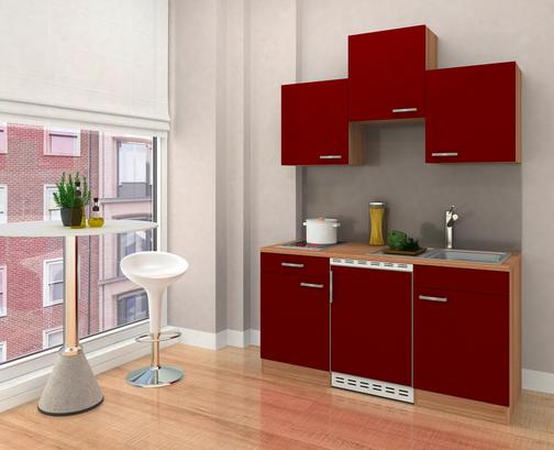 Praktische Miniküche mit roten Fronten und Korpus in Eiche Dekor Praktische Miniküche mit roten Fronten und Korpus in Eiche Dekor