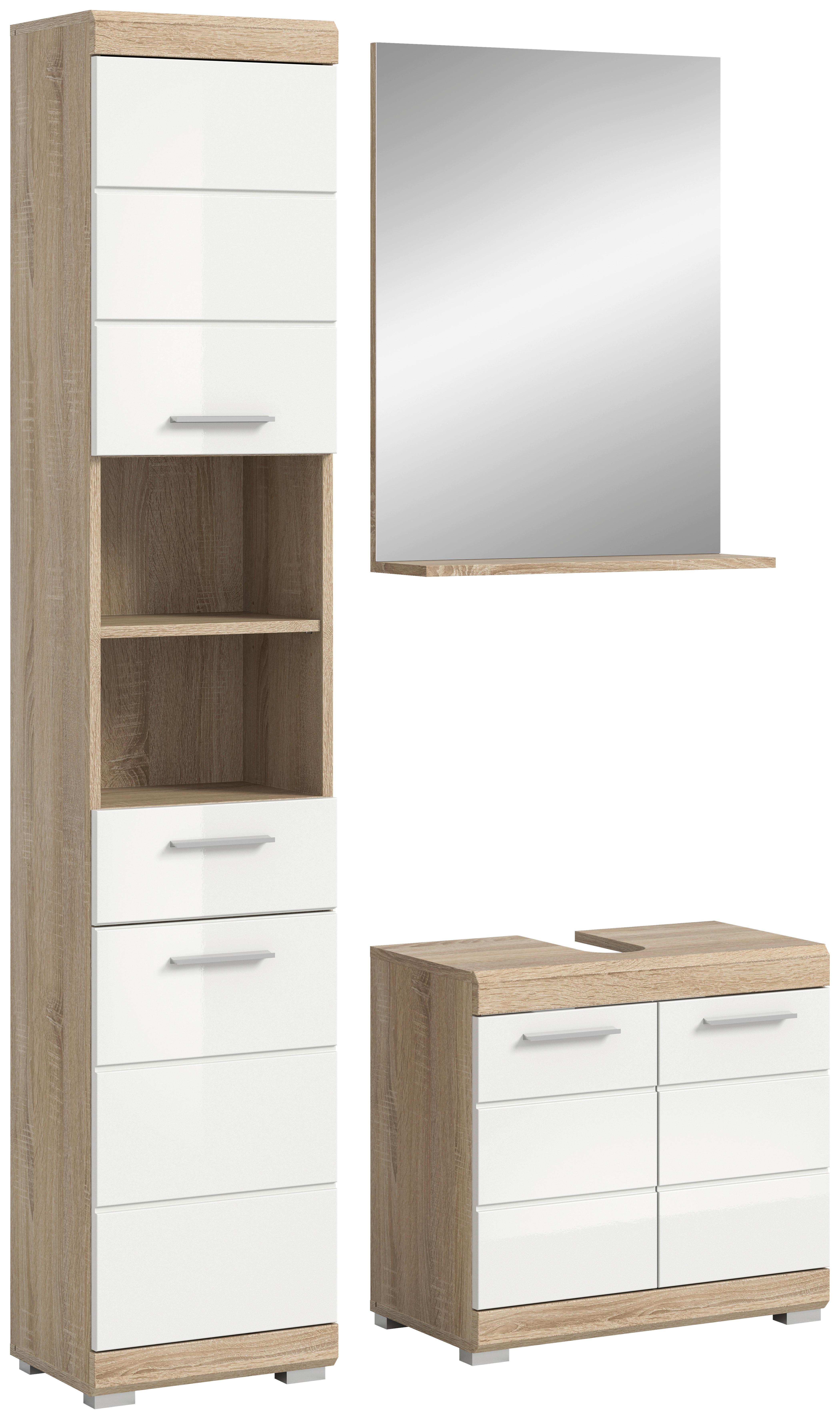 Badezimmer Lambada Eiche Dekor/weiß B: 97 Cm - Weiß Hochglanz/Silberfarben, MODERN, Glas/Holzwerkstoff (97cm) - MID.YOU