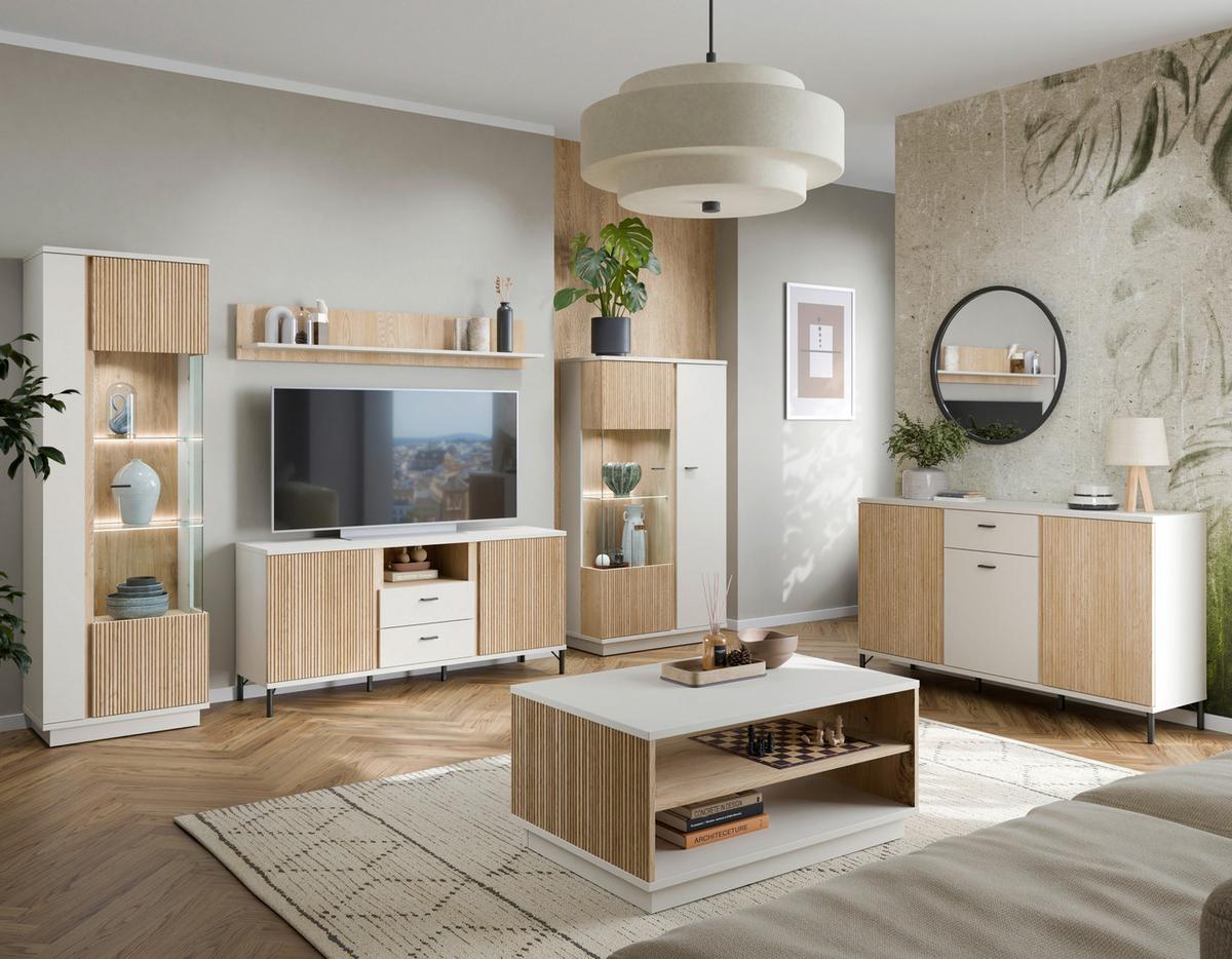 Vitrine Mosano B: 87,2 cm - Kaschmir/Eichefarben, Trend, Glas/Holzwerkstoff (87,2/158,5/40cm)
