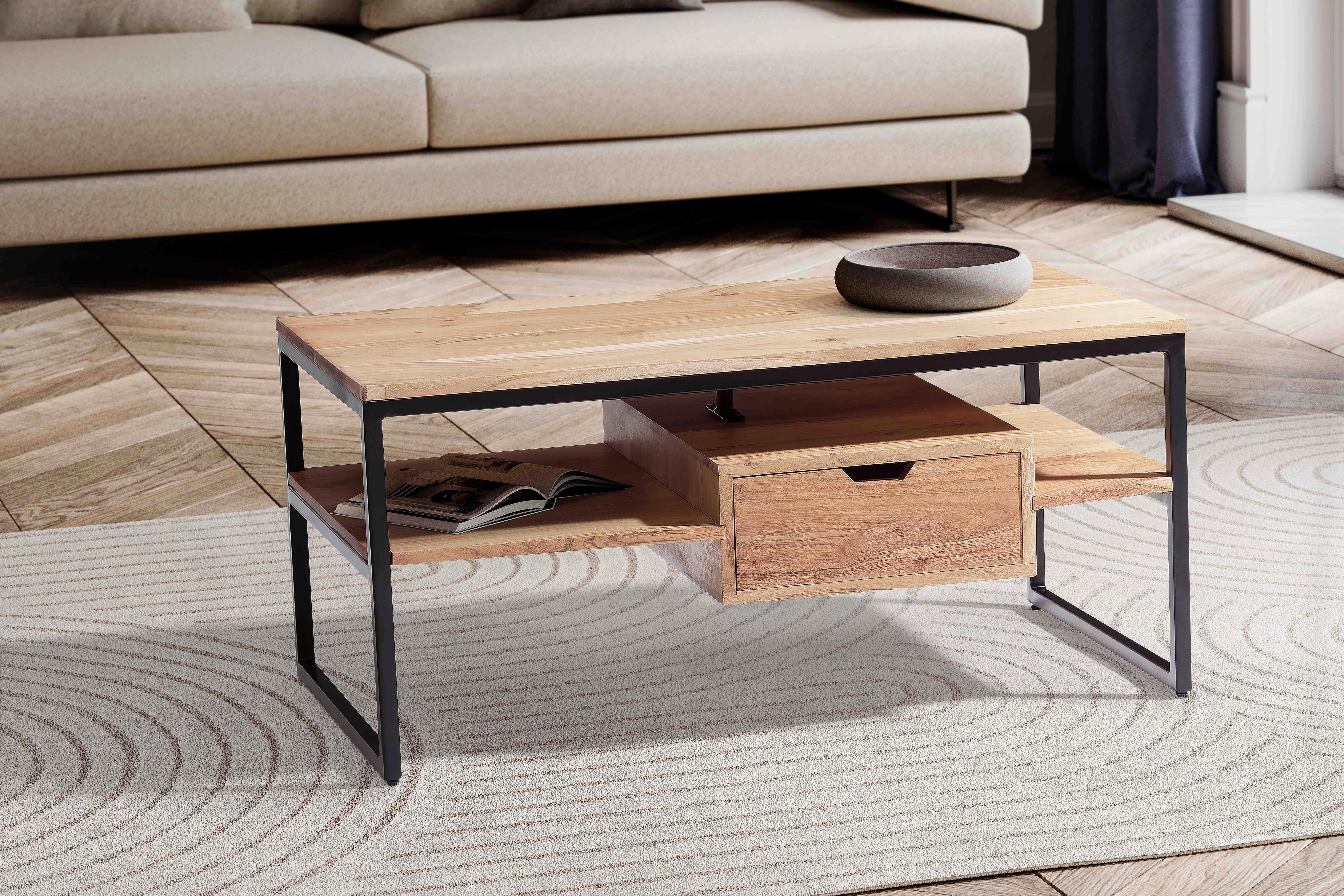 Couchtisch Akaziefarben L: 90 cm - Schwarz/Akaziefarben, Design, Holz/Metall (90/50/42cm) - MID.YOU