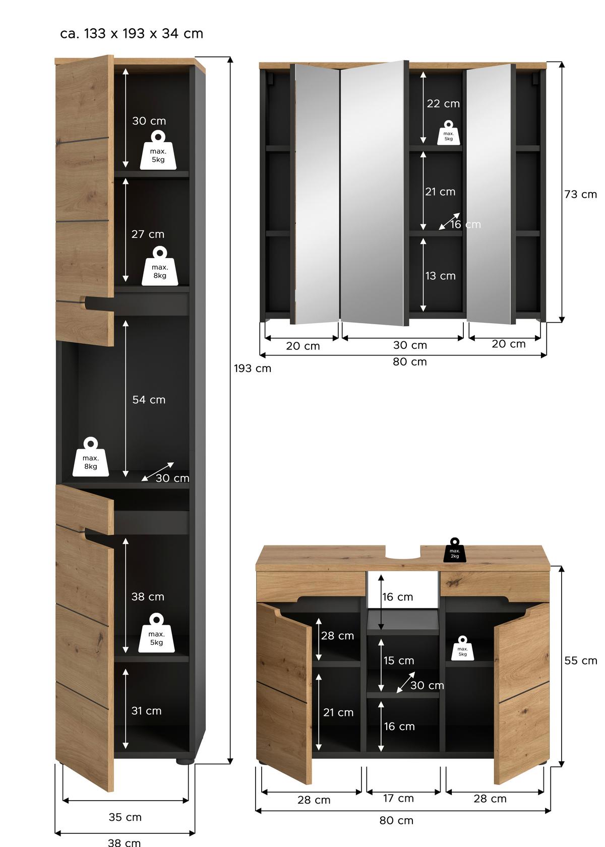 Badezimmer Canu Eiche Artisan Dekor B: 118 cm - Schwarz/Eiche Artisan, MODERN, Glas/Holzwerkstoff (118cm) - MID.YOU