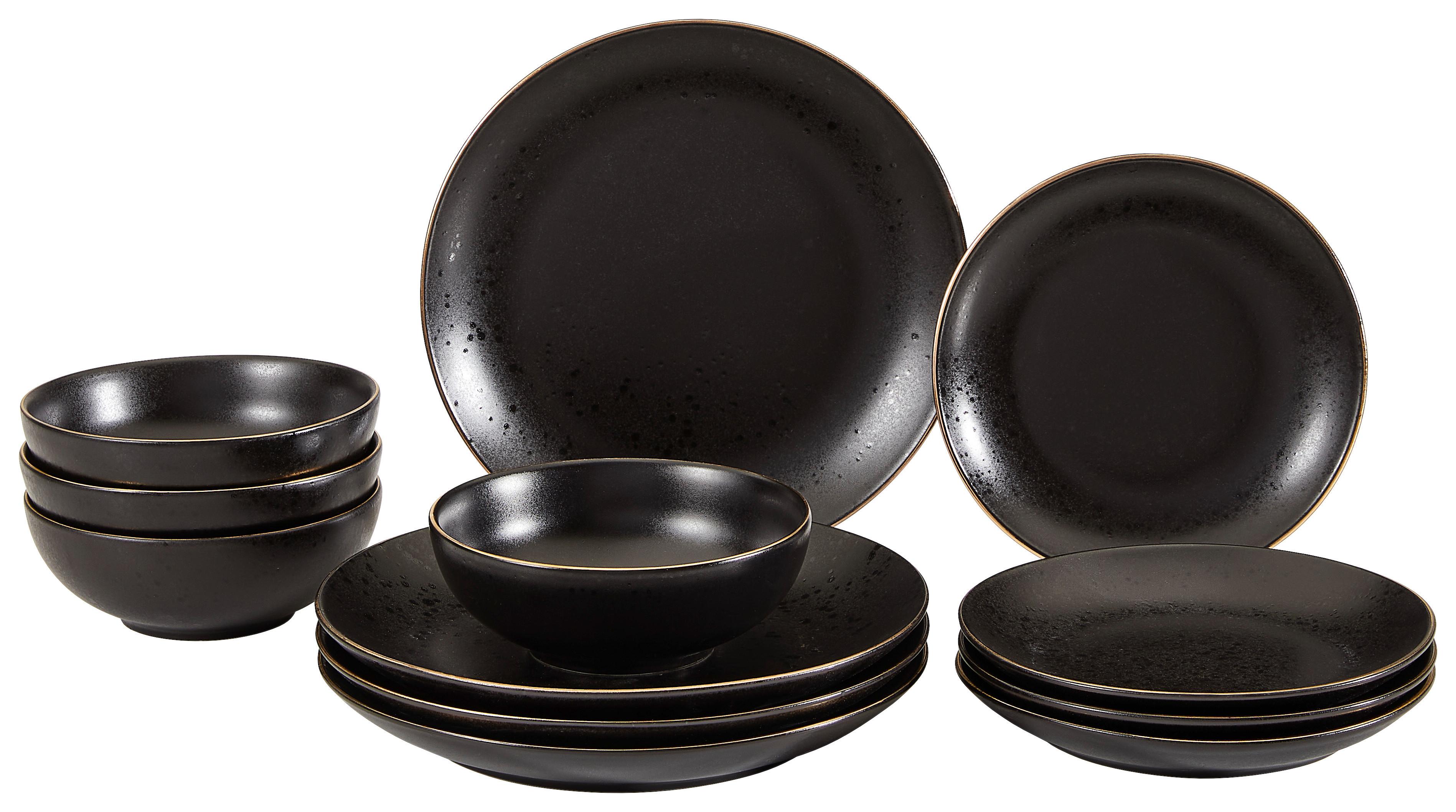 Tafelservice Industrial Gold/ Schwarz 4Personen Geschirr Set - Schwarz, KONVENTIONELL, Keramik - Creatable