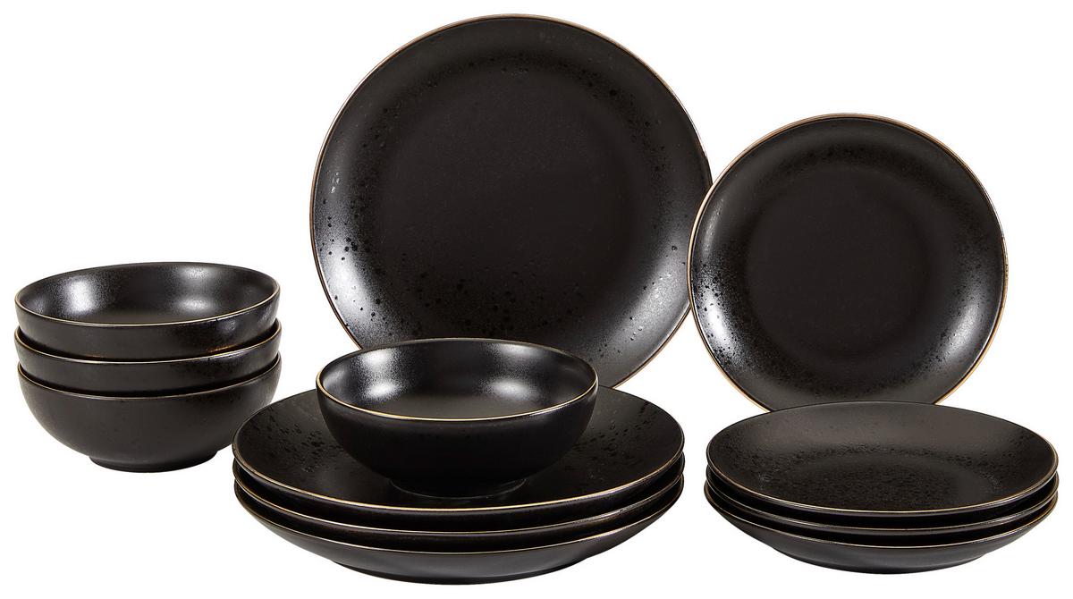12 dielny jedálenský servis INDUSTRIAL čierna/zlatá - čierna, Konventionell, keramika - Creatable