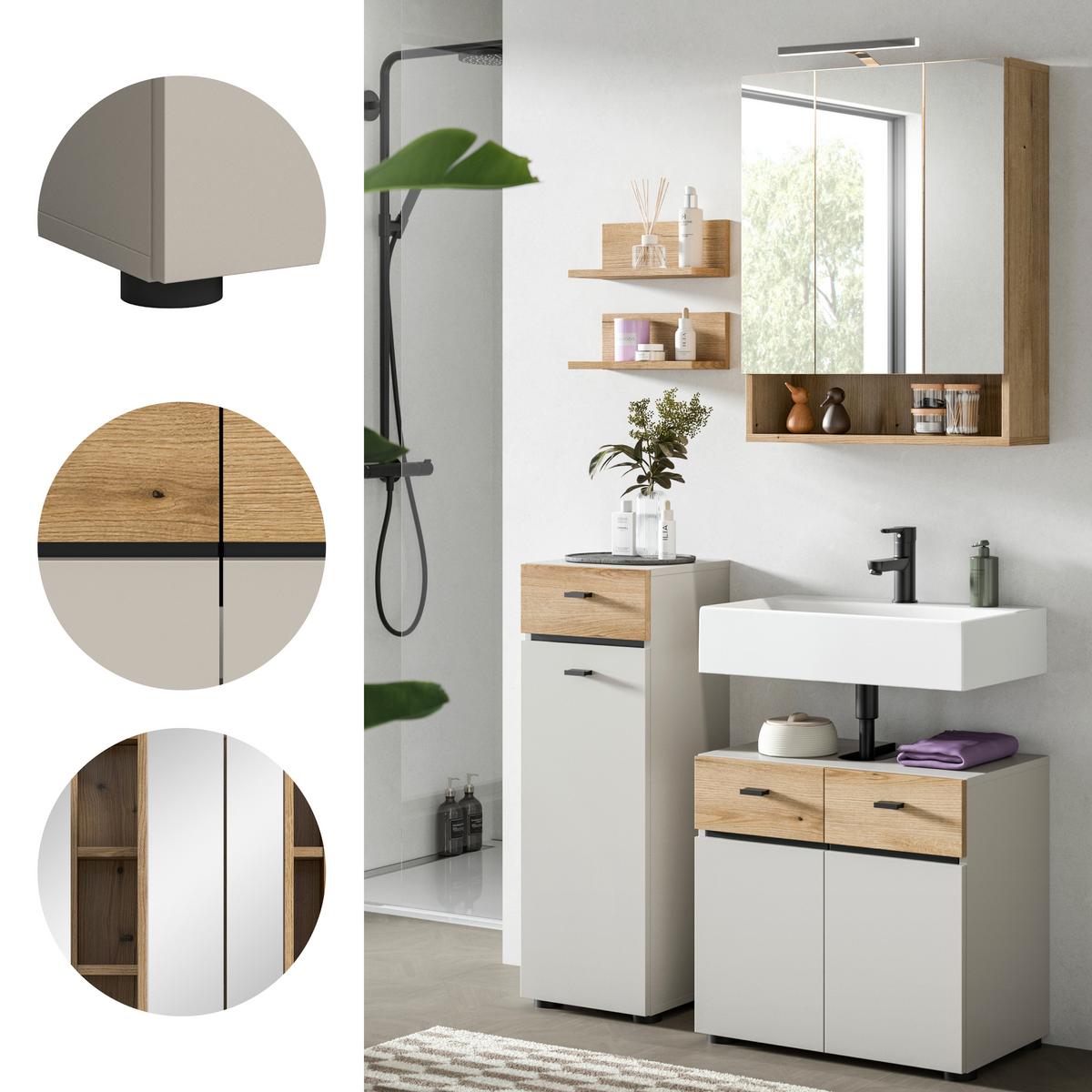 Badezimmer Aqua Kaschmir/Eichefarben B: 92cm - Kaschmir/Eichefarben, Trend, Glas/Holzwerkstoff (92cm) - MID.YOU
