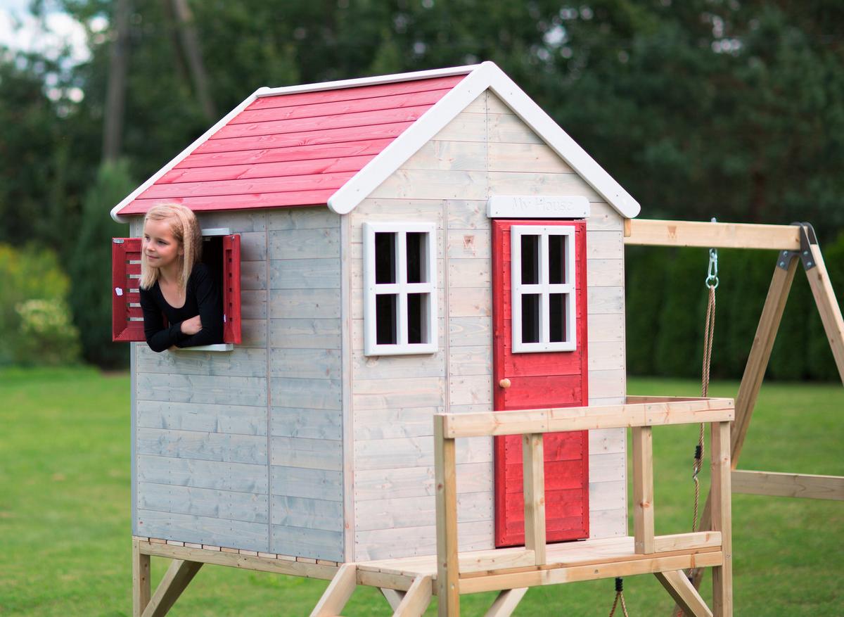 Spielhaus Zebra Naturfarben/rot, B: 350 Cm - Rot/Naturfarben, KONVENTIONELL, Holz (350/242/192cm)