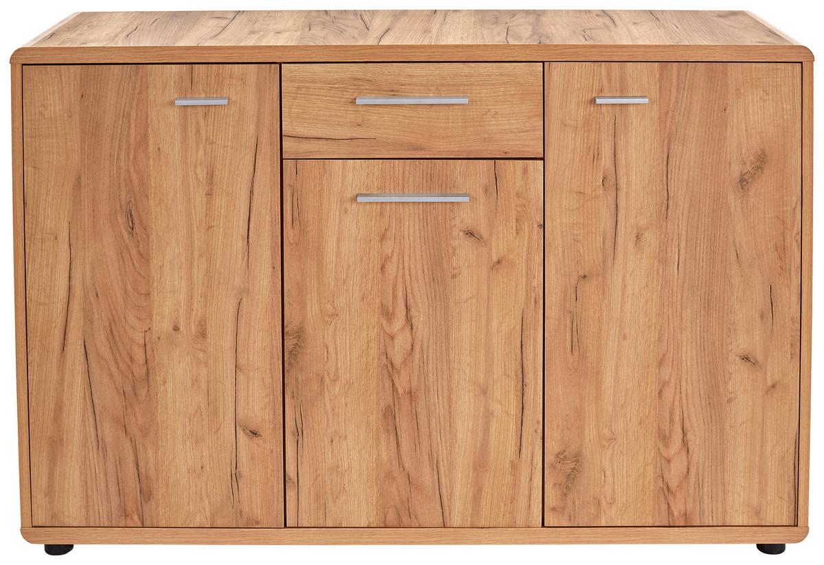 Kommode mit Türdämpfer B 132cm Fontana, Kraft Eiche Dekor - Eichefarben/Schwarz, MODERN, Holzwerkstoff (132/87/40cm)