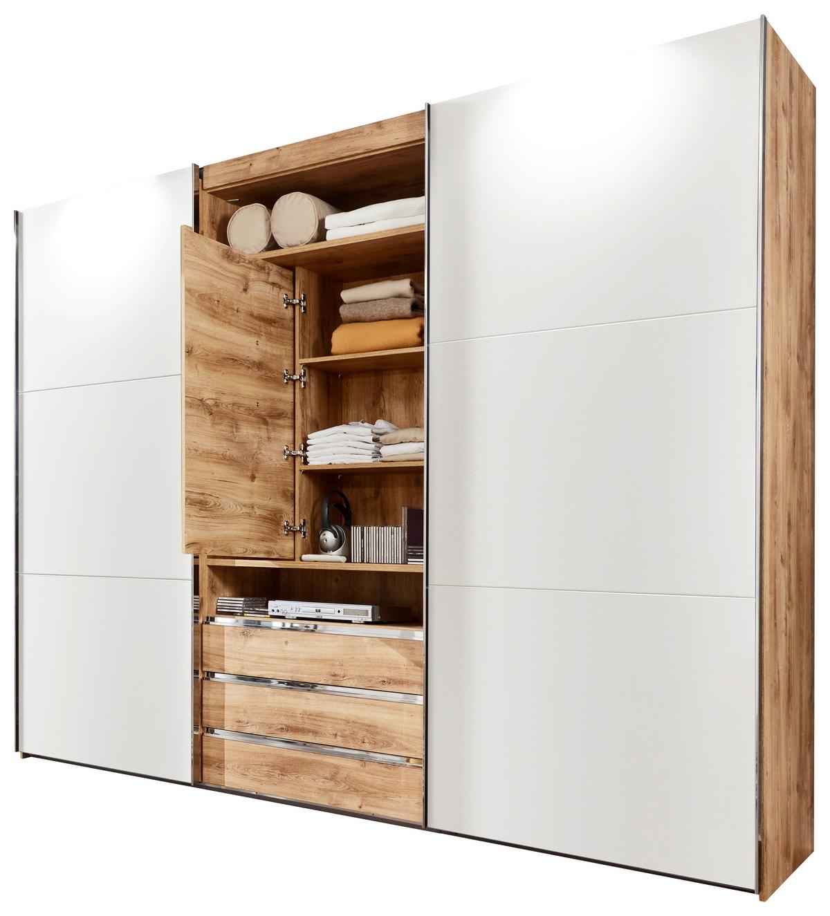Schwebetürenschrank  Mit Regal B: 300 Cm Magic, Weiß/eichef. - Eichefarben/Weiß, MODERN, Holzwerkstoff (300/216/65cm) - MID.YOU