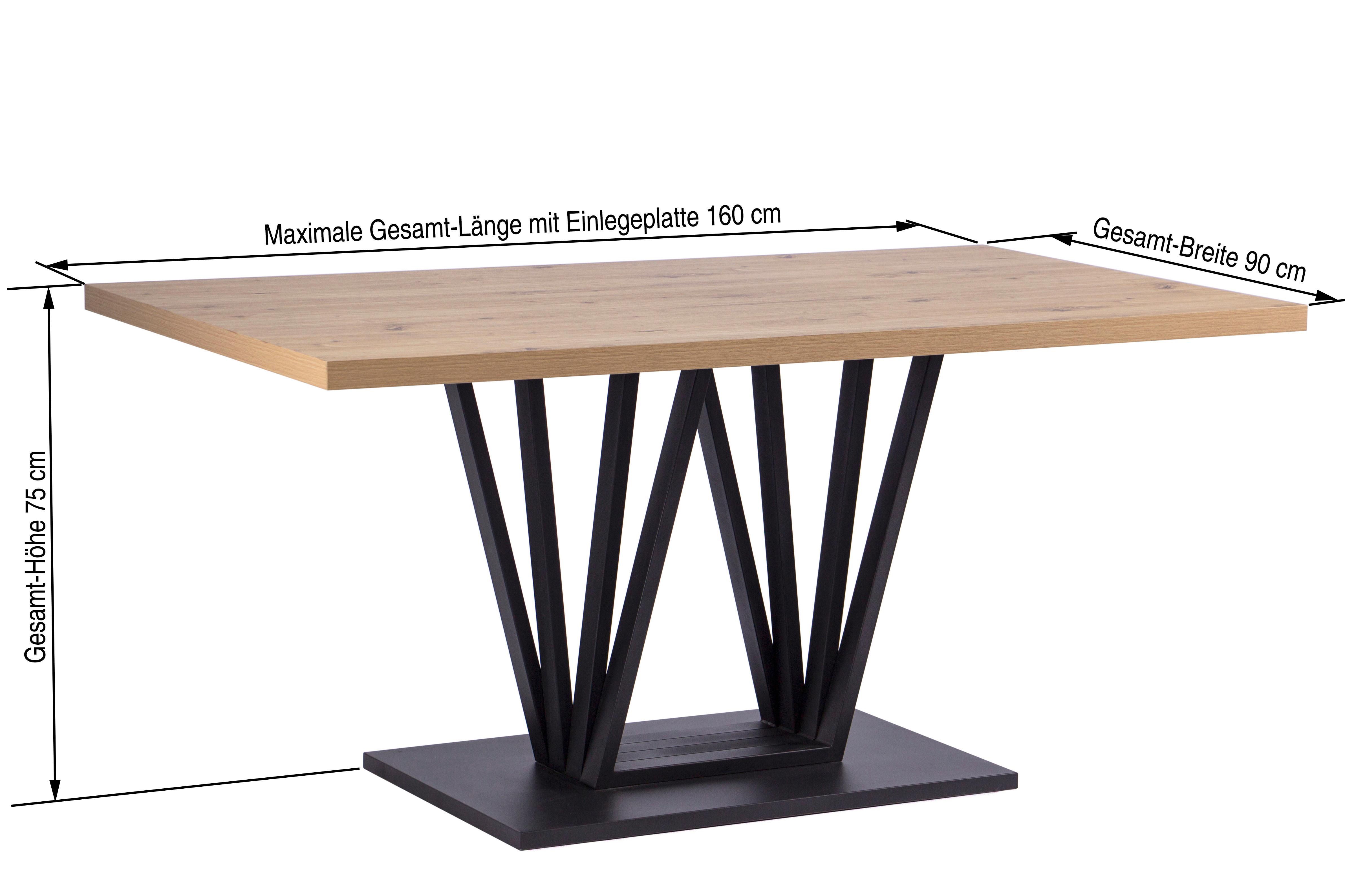 Esstisch Brad Eiche Artisan B: 160 cm - Schwarz/Eiche Artisan, KONVENTIONELL, Holzwerkstoff/Metall (160/75/90cm) - MID.YOU