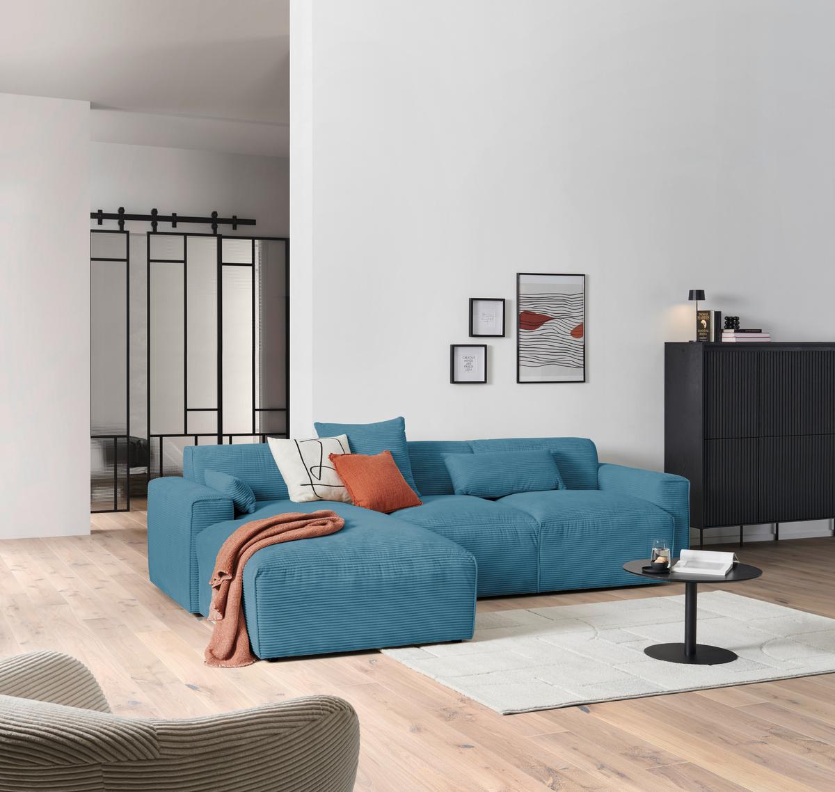 Ecksofa mit Zierkissen Pearl Hellblau 196x303 cm - Schwarz/Hellblau, Design, Textil (196/303cm) - Livetastic