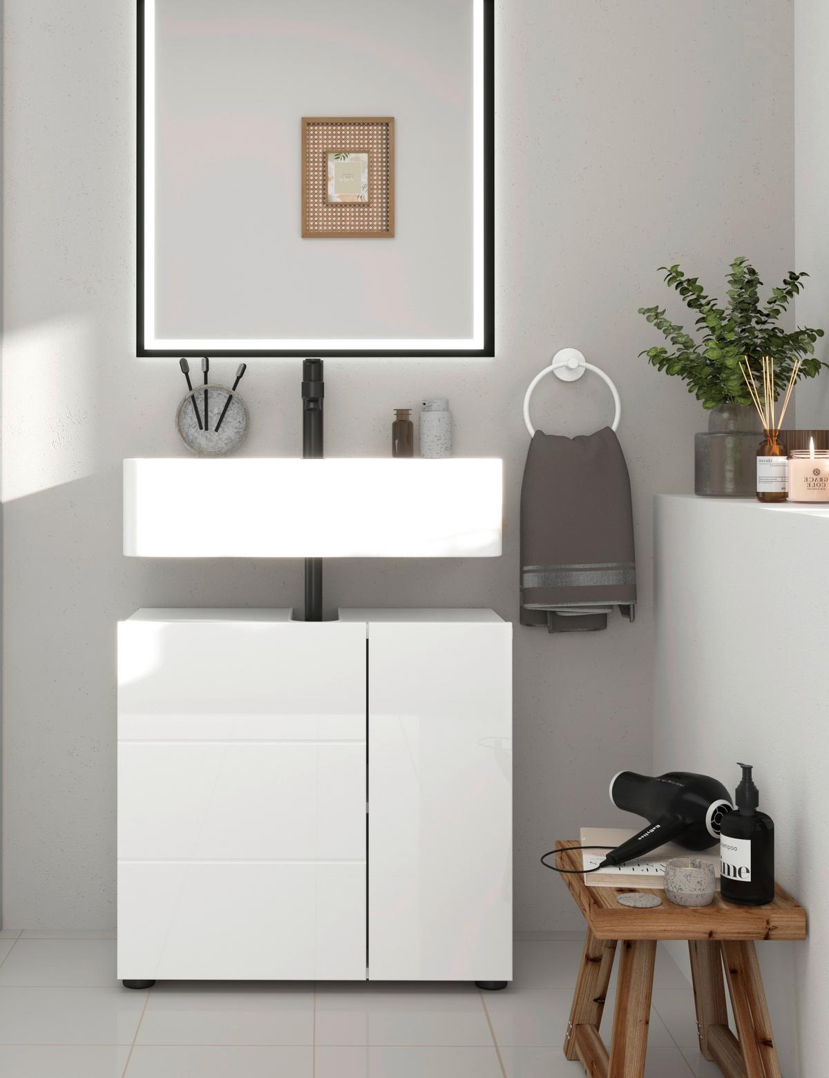 Waschbeckenunterschrank Vira B: 60 Cm, Korpus: Weiß - Weiß Hochglanz/Schwarz, MODERN, Holzwerkstoff (60/56/34cm) - MID.YOU